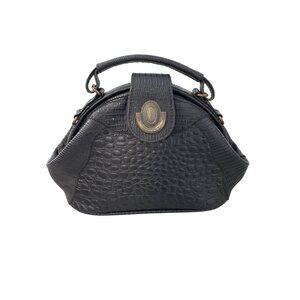 Croc Embossed Faux Leather Handbag Gold Tone Accents Top Handle Classic Black